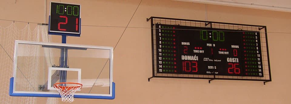 Košarkaški koš s manjom jedinicom za vrijeme napada te veći zidni semafor pored njega